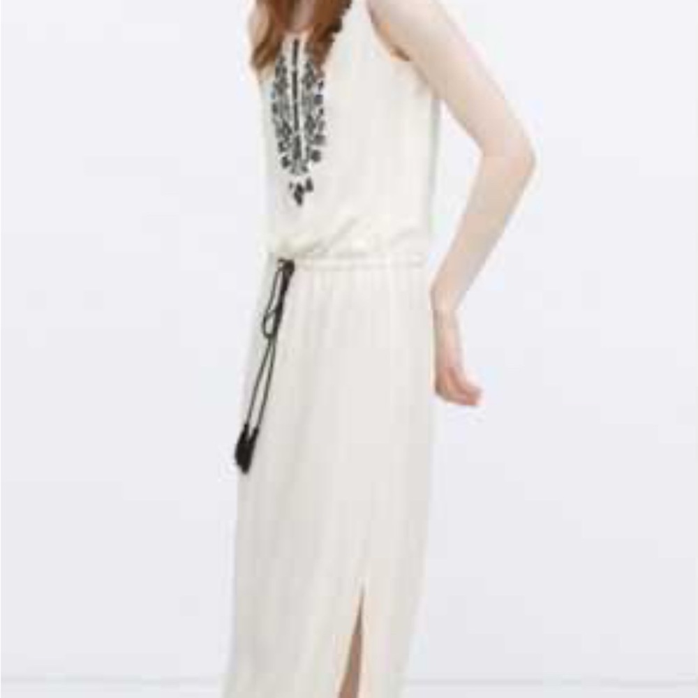 Zara White Embellished Tank Top with Bib Collar